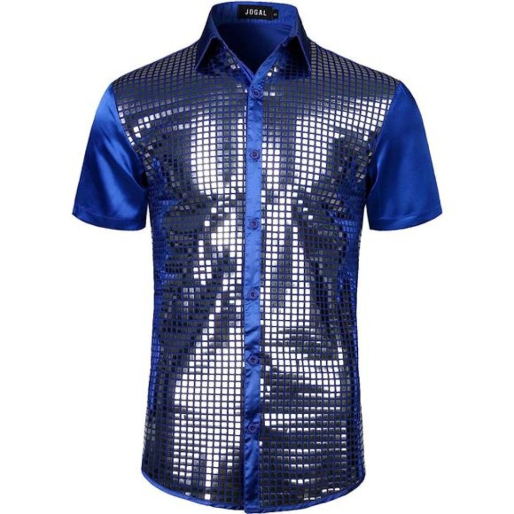 70s Disco Costume Silver Sequins Short Sleeve Button Down Shirt,Royalblue Silver